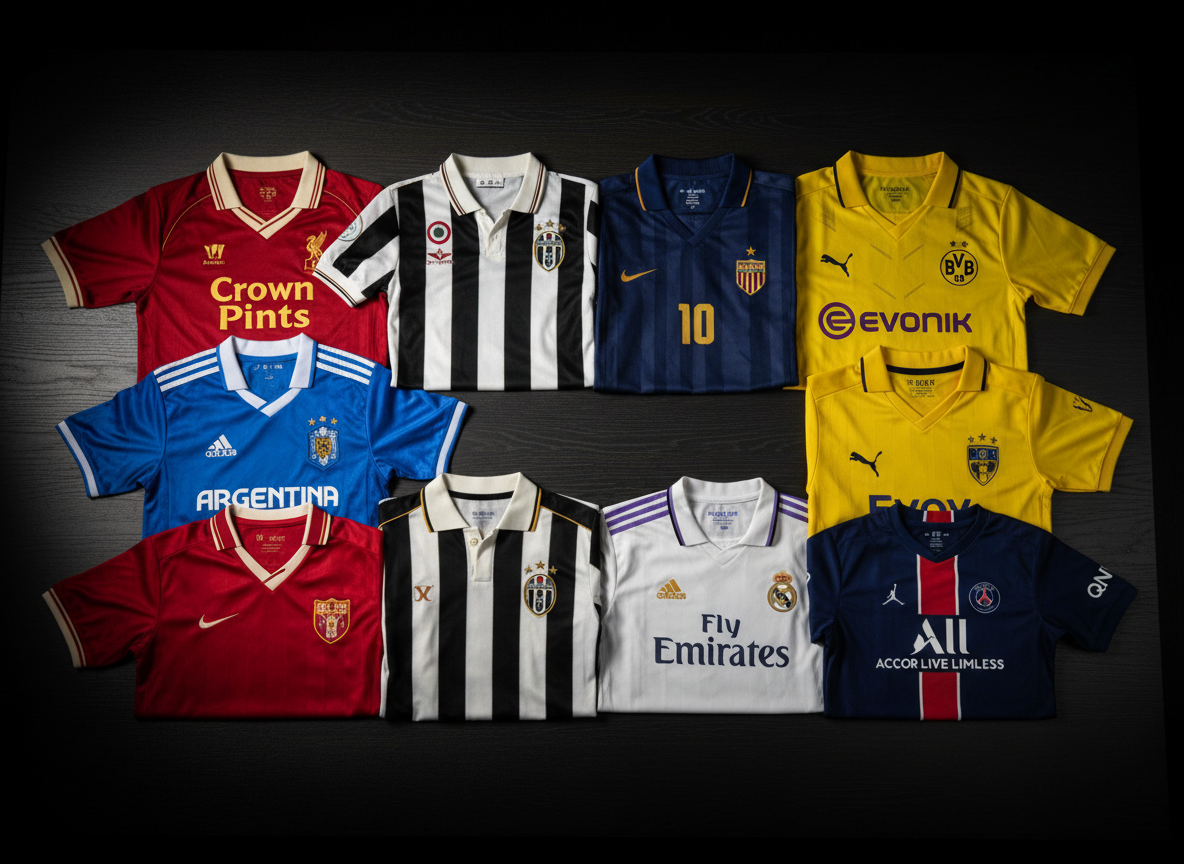 A meticulously arranged flat lay of classic and modern football shirts spread across a dark matte wooden table, each jersey neatly unfolded to reveal bold club crests, embroidered stars, and textured sponsor logos. Deep reds, royal blues, bright yellows and crisp whites contrast against the shadowy background. Soft, directional studio lighting from the left creates subtle highlights on the glossy badges and stitched details, with gentle shadows between the shirts. Shot from a straight bird’s eye view with sharp focus across the frame, the composition feels curated and archival. The photographic realism emphasizes fabric textures, from breathable mesh panels to thick retro cotton, evoking a moody, almost museum-like atmosphere perfect for a serious collector’s homepage banner.
